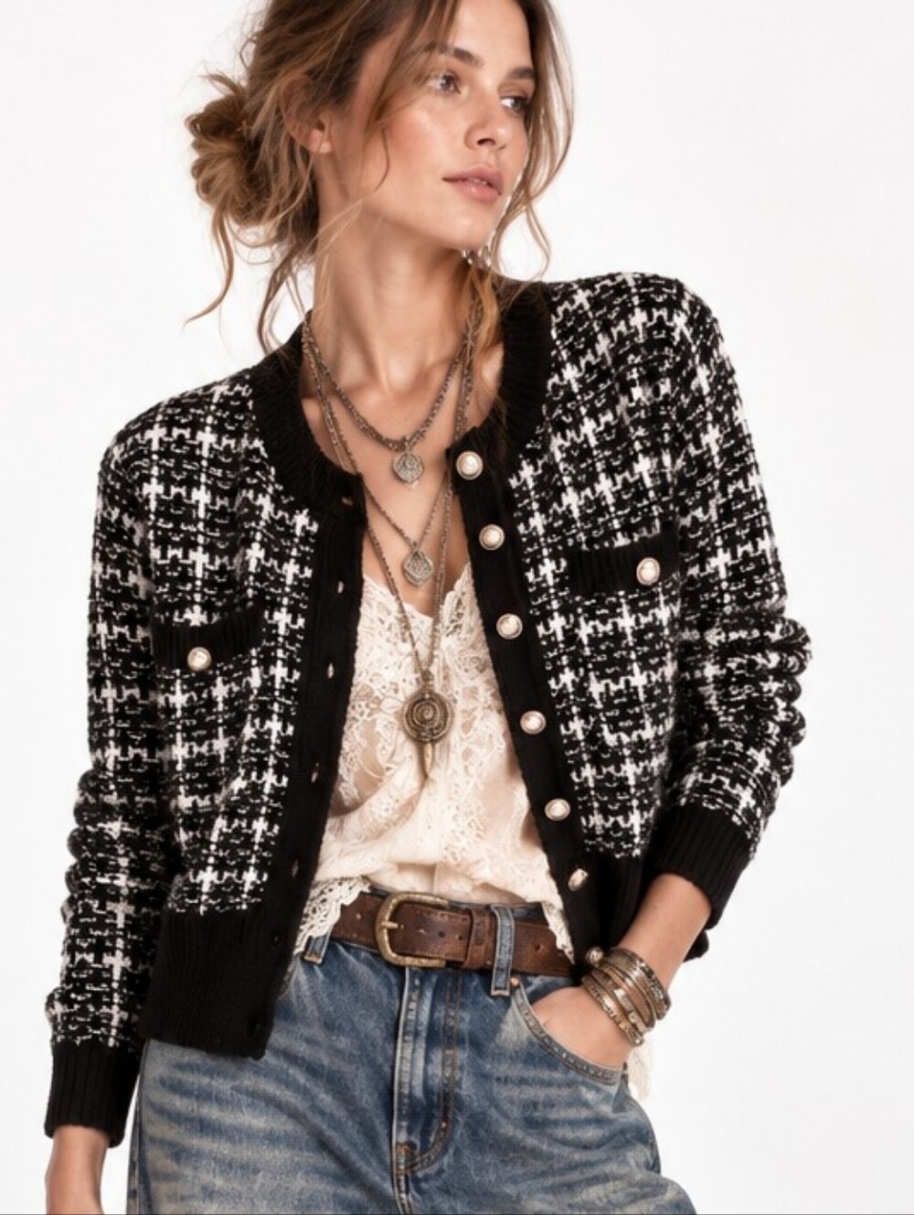 Shein Cardigan Tweed Look Classic Black White Sweater